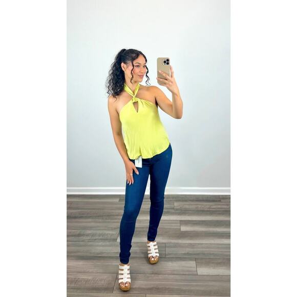 Rails Kimia Tank Top in Chartreuse Large Satin Halter Sleeveless Keyhole Silk
